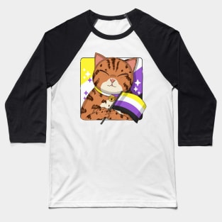 Cute Bengal Cat Holding Non-Binary Pride Flag Baseball T-Shirt